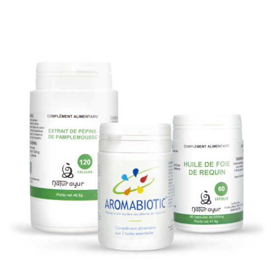 Pack anti-Covid : Aromabiotic, huile de foie de requin, EPP